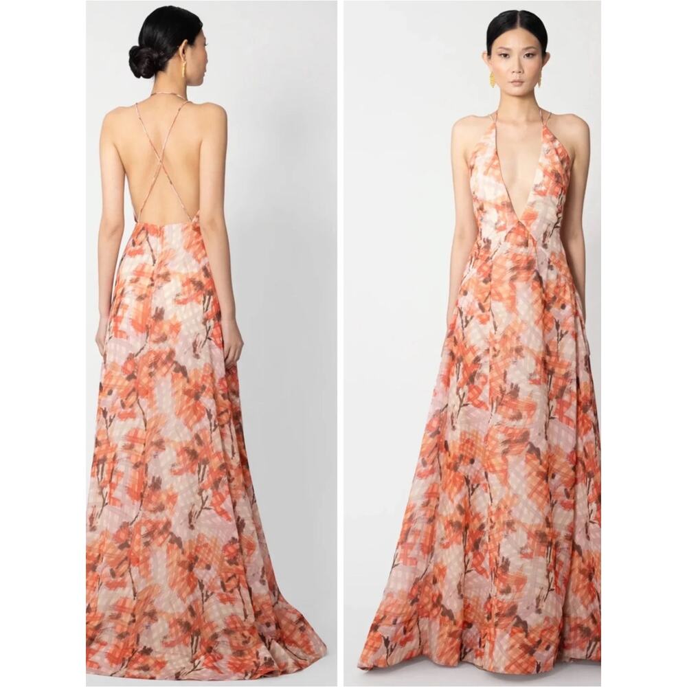 SAU LEE Calista Floral Plunging V Neckline Orange Maxi Dress Size 2 - Picture 3 of 9